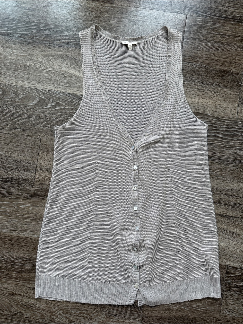 Eileen Fisher Sleeveless Open-Front linen Vest Mid thigh length flax color small